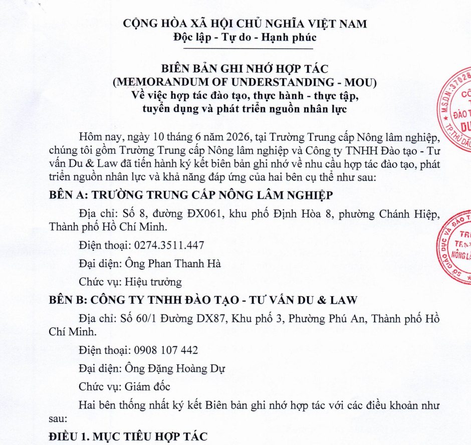 Biên bản hợp tác giữa Trường TCNLN với Công ty TNHH Đào tạo - Tư vấn Du & Law